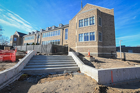 A new staircase leads to the entrance of Lavery Library.