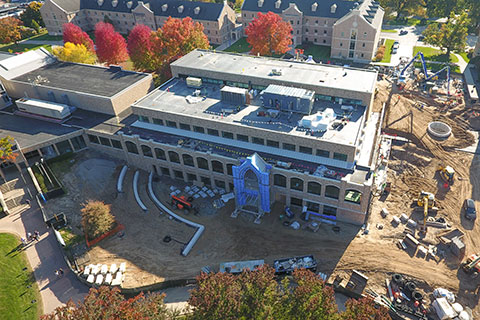 An aerial view of the construction site at Lavery Library.