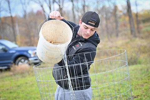 A student waters a tree seedling.