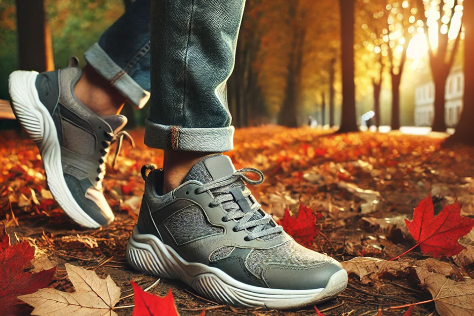 A close-up image of a person's sneakers as they walk through a park. AI Image created by Dall-E.