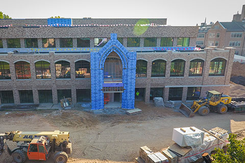 A view of the construction site shows the newly created entrance to Lavery Library.