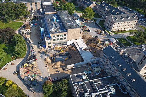 An aerial view of the construction site at Lavery Library.