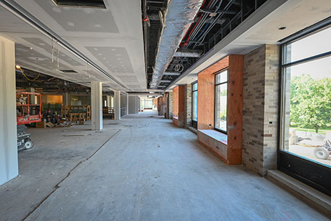 Renovations take place in the original covered walkway of Lavery Library.