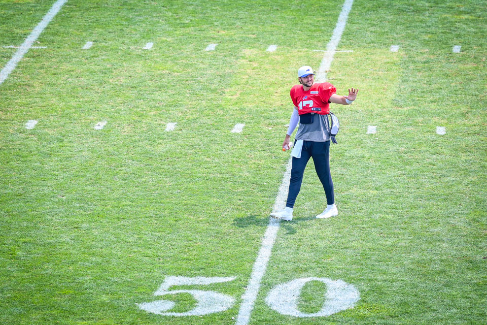 Buffalo Bill Josh Allen walks across the 50-yard line at Growney Stadium during the 2025 Training Camp.