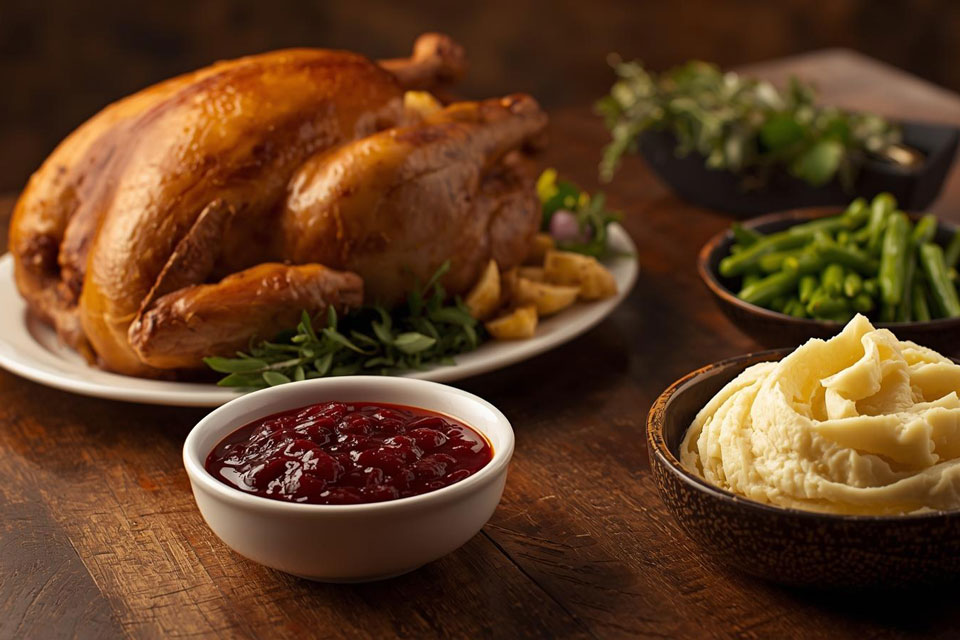 A delicious thanksgiving meal of turkey, cranberry sauce, mashed potatoes, and more.