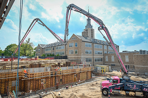 Construction continues on the exterior of Lavery Library.