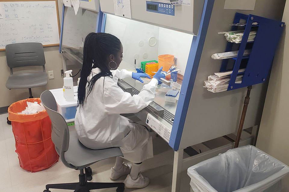 Zakiya Patterson conducts research in a lab hood.