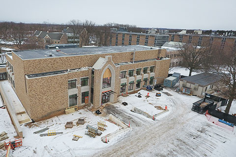 An aerial view of the construction site at Lavery Library.