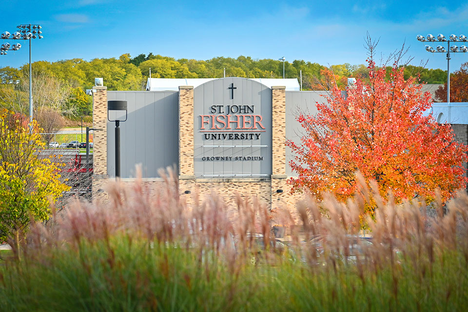 The St. John Fisher University sign at Growney Stadium.