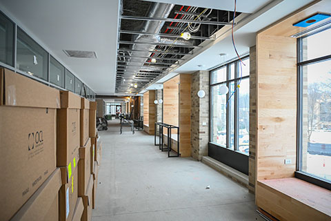 Interior construction progress at Lavery Library.