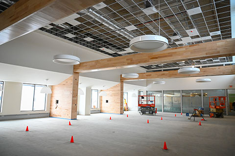 Interior construction progress at Lavery Library.