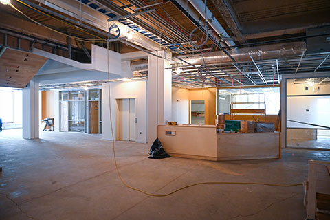 Interior construction progress at Lavery Library.