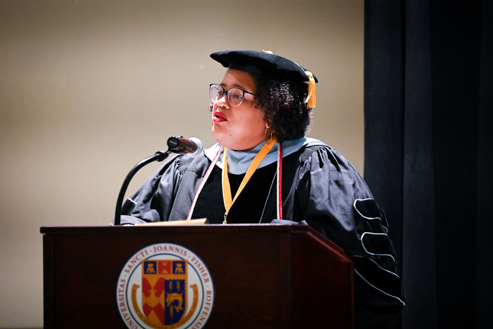 Dr. Daniele Lyman-Torres ’18 speaks at Commencement.