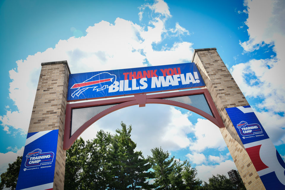 A large sign at the Buffalo Bills Training Camp thanks the Bills Mafia