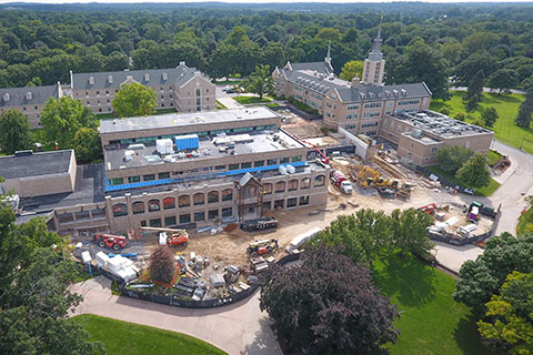 A birds-eye view of the construction site at Lavery Library.