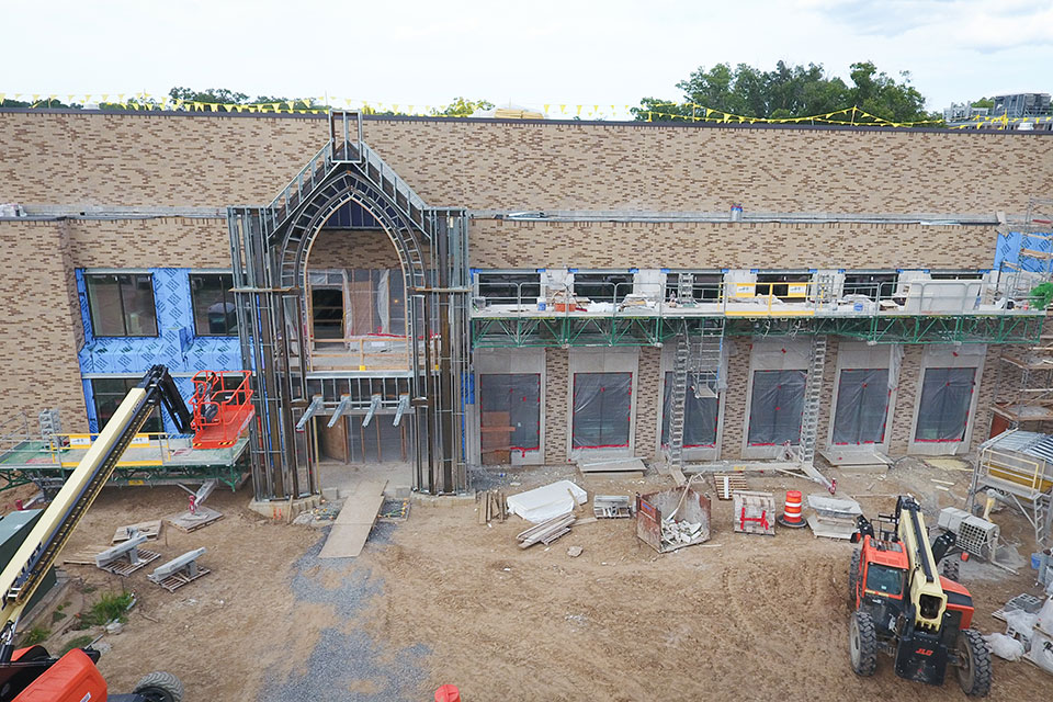 A new entrance facing the Upper Quad takes shape at Lavery Library.