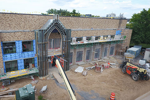 A new entrance facing the Upper Quad takes shape at Lavery Library.