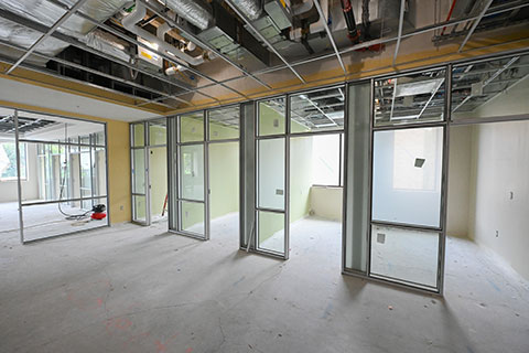 Framework outlines new spaces in the interior of Lavery Library.