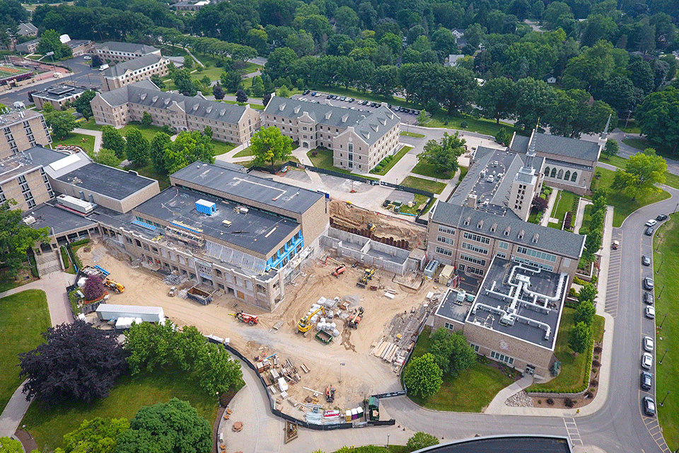 A birds-eye view of the construction site at Lavery Library.