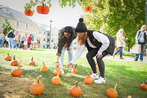 Students pick pumpkins during Fisher's Family Weekend Fall Fest.