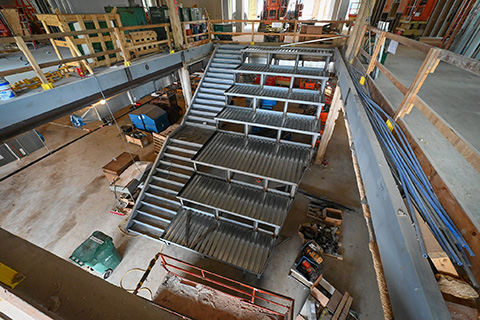 Construction on the interior stairs of Lavery Library.