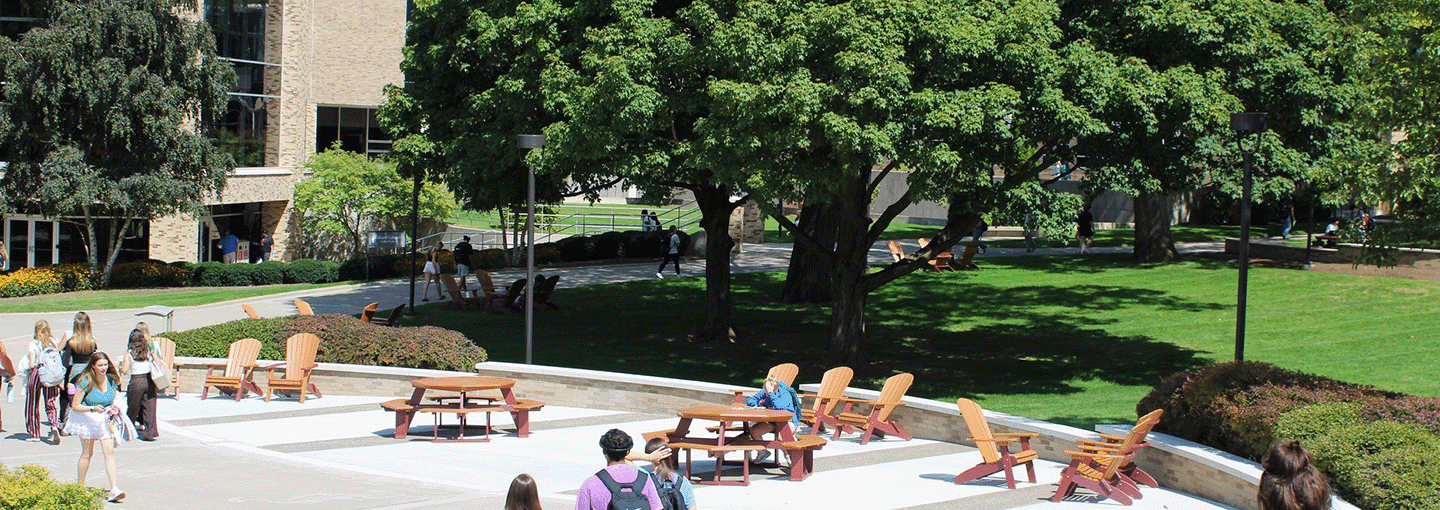 Students walking along LeChase Commons.